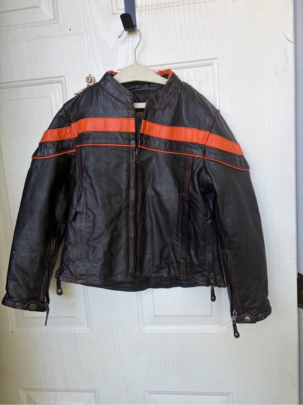 Kids Black Leather Bomber Jacket with Orange Stripe